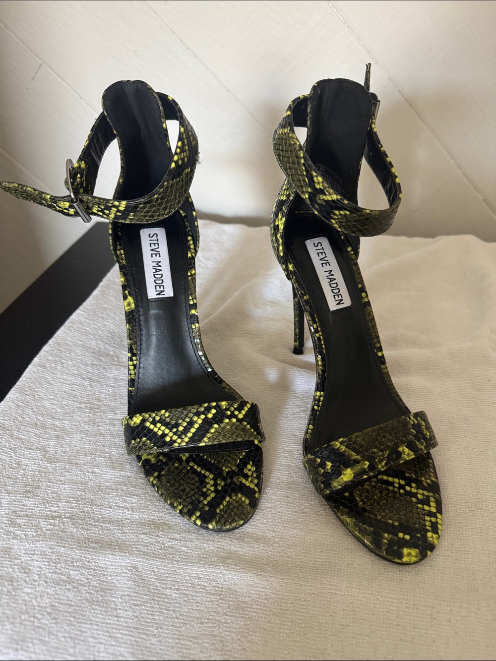 Steve Madden Black and Yellow Snake-Print Ankle Strap Heels